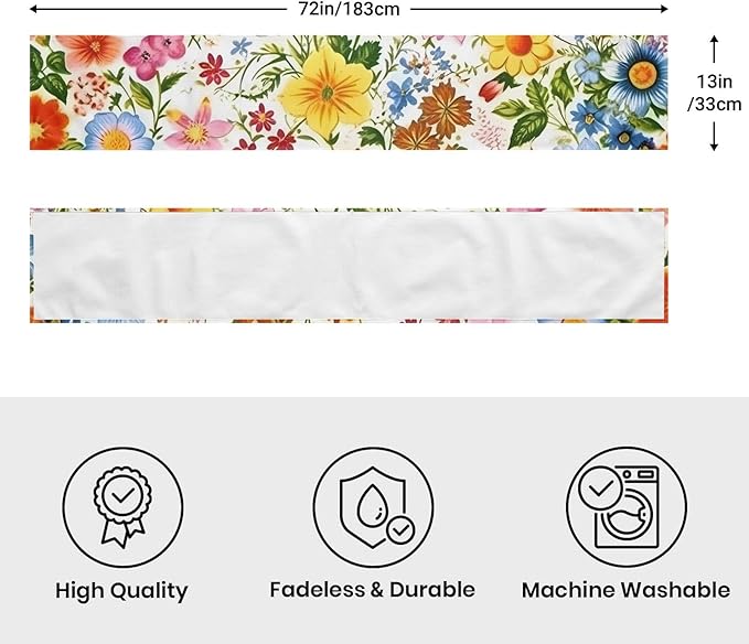 Colorful Flower Floral Table Runner 13x72 Inches Vintage Floral Faux Linen for Kitchen Dining Table Decor Wedding Birthday Party Holiday Celebration