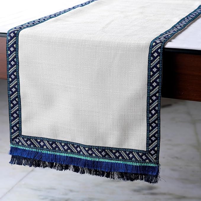 The HomeCentric Silk Table Runner, Ivory Textured Fabric with Lace & Tassels Blue Silk 16 x 90 inch Long, Wedding Decor Table Linen Modern Table Runner - Millistellar