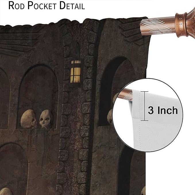 Gothic Mid Century Blackout Curtains, Medieval Castle Vintage Skulls Wall Print Window Drapes, for Living Room Bedroom 21(W)*63(L) 2 Panels