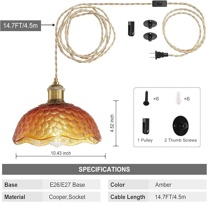 Plug in Pendant Light Fixtures: Hanging Lamp Plug in Amber Scindapsus Pendant Lamp, Hanging Light for Kitchen Island, Bedroom, Dining Room, Living Room, E26 No Bulb