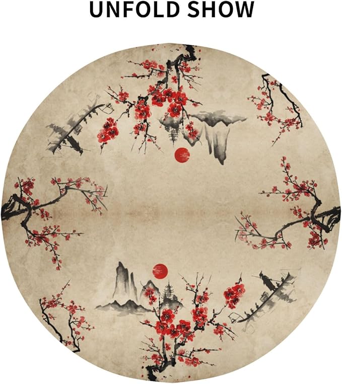 Cherry Blossom Tablecloth, Traditioanal Japanese Landscape Oriental Chinese Floral Vintage Water Resisitant Wipeable Table Cover for Dining Kitchen Living Room Home Party Holiday Decor 60 inch Round