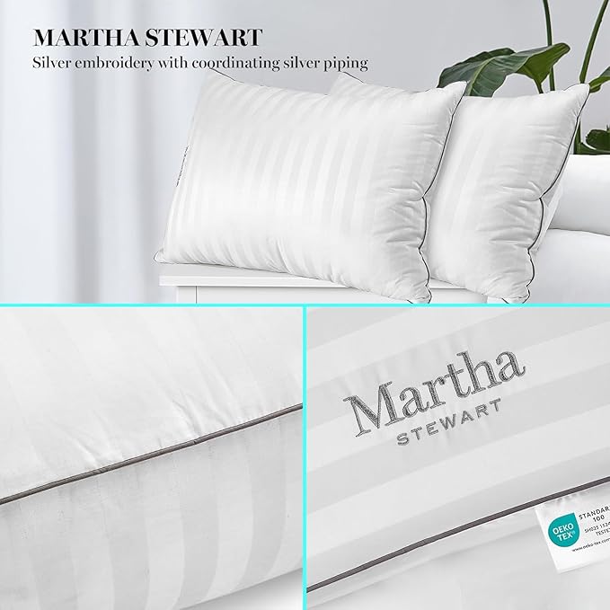 Martha Stewart Hotel Collection Pillow 500 Thread Count Damask Stripe Embroidered Feathers Soft Hypoallergenic 100% Cotton Queen Size Set of 2