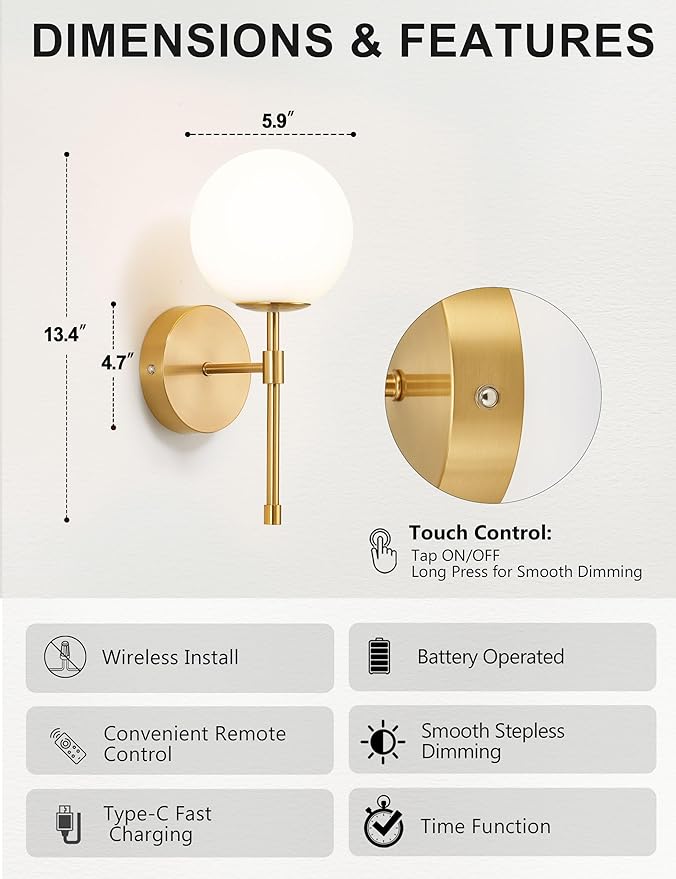 Battery Operated Globe Wall Sconces Set of 2, Brushed Gold Wireless Wall Lights with Remote Control, Rechargeable 3 Color Stepless Dimming Modern Wall Decor Lamp for Bedroom Living Room Hallway