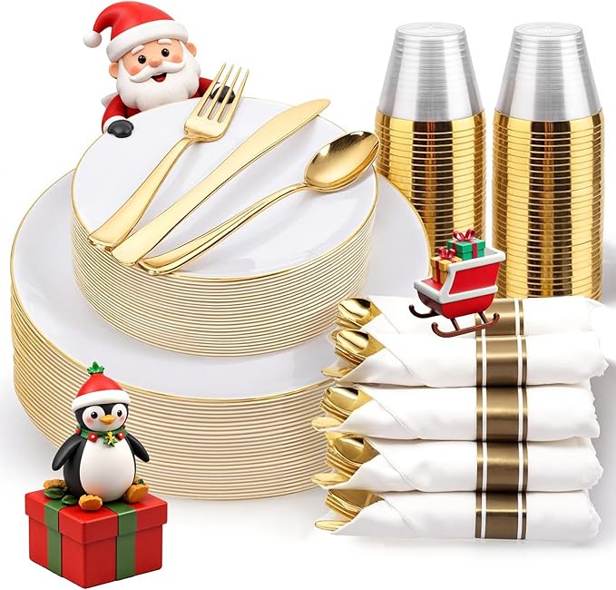 KIRE 175PCS Gold Plates Disposable - Holiday Heavy Duty White and Gold Plastic Plates Dinnerware Sets - 25 for Dinner 25 for Dessert 25 Pre Rolled Napkins and 25 Cups for Birthday/Christmas/Wedding