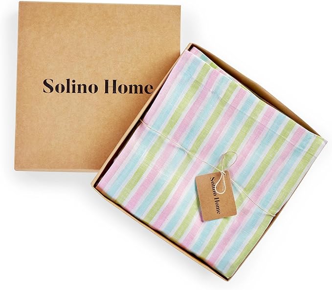 Solino Home Linen Tablecloth 60 x 90 Inch - 100% Pure Linen Multicolor Palm Beach Stripe Table Cloth for Rectangle Tables - Machine Washable Tablecloth