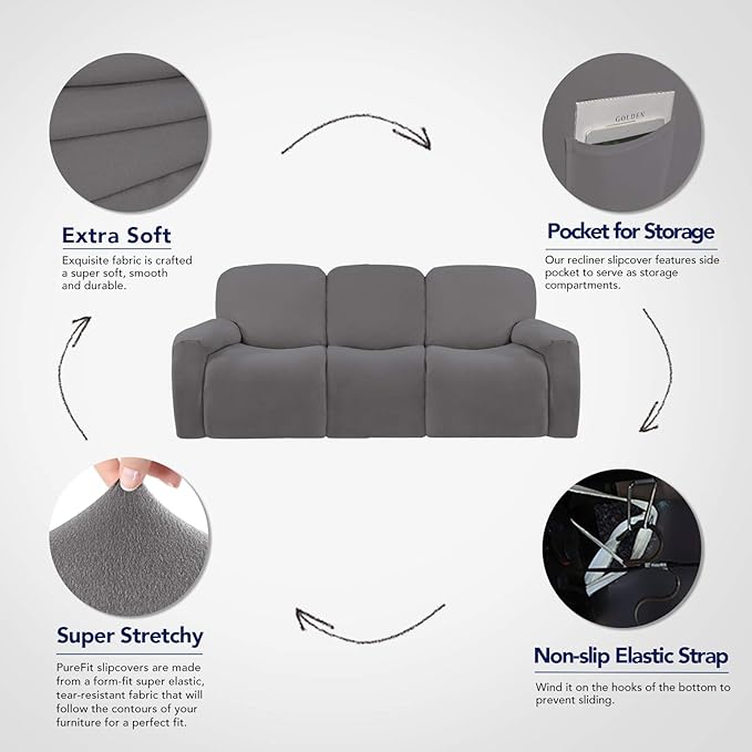 PureFit Super Stretch 3 Seats Recliner Chair Sofa Couch Cover with Pocket – Non Slip Soft Sofa Slipcover, Washable Spandex Reclining Furniture Protector for Kids, Pets (Recliner Sofa, Light Gray)
