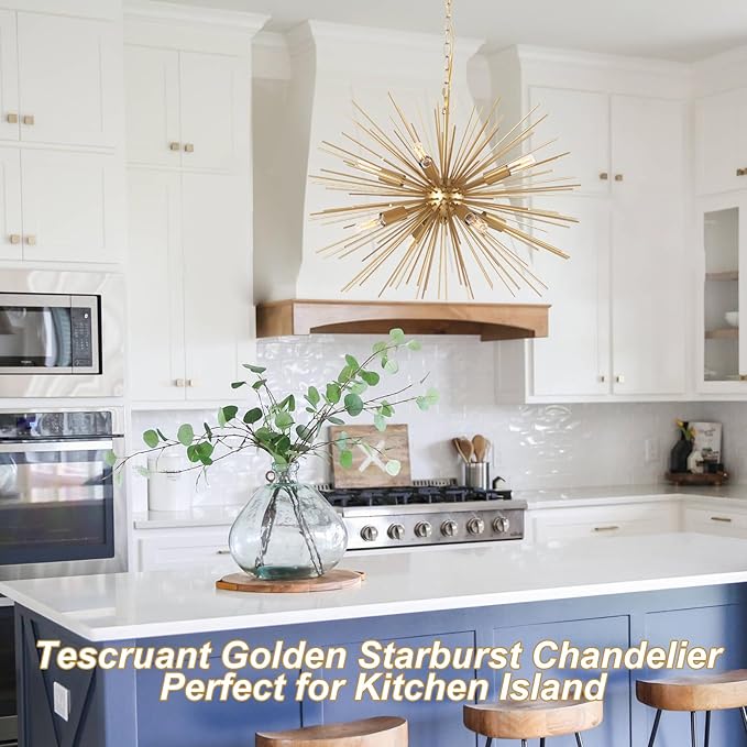 24.41" Golden Sputnik Chandelier Vintage Modern Luxury Starburst Geometric Chandelier Light Fixture Solid Metal Firework Gold Chandelier for Dining Room, Kitchen, Bedroom, E12
