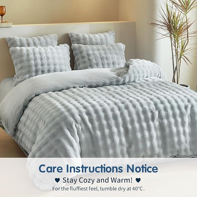 Tokokimo Fluffy Fleece Queen Size Duvet Cover Set, Ultra Soft Reversible Heavyweight Bedding Set, Extra Warm Winter Duvet Cover Set with 2 Pillow Cases, All Season Fuzzy Comforter Cover Set, Grey