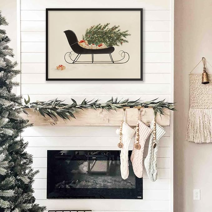 Winter Holiday Sleigh Canvas Wall Art Vintage Christmas Tree Poster Retro Botanical Pine Tree Sketch Painting Prints 16x24 inch Black Framed for Living Room Bedroom Wall Decor