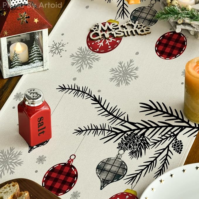 Artoid Mode Red Deer Snowflakes 210 GSM Merry Christmas Table Runner, Seasonal Winter Kitchen Dining Table Decoration for Home Party Decor 13x72 Inch
