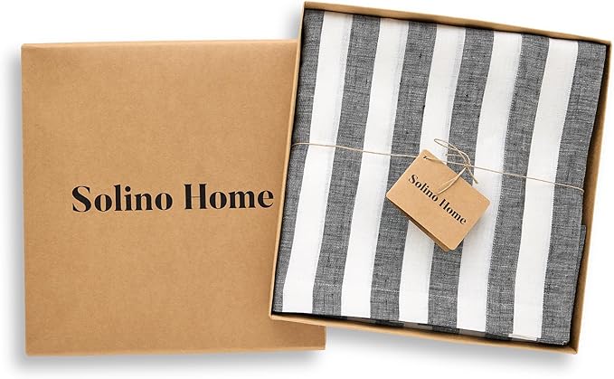 Solino Home Linen Striped Tablecloth 60 x 120 Inch - 100% Pure Linen Black and White Table Cloth for Rectangle Tables - Sorrento Stripe, Machine Washable Tablecloth for Fall, Autumn
