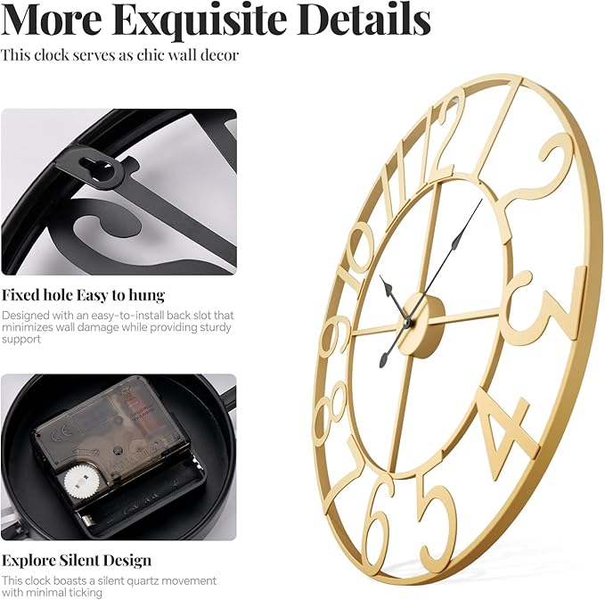 Large Wall Clock, 20 Inch Gold Decorative Wall Clocks Battery-Operated, Modern Metal Round Clock Silent Non Ticking Arabic Numerals for Living Room Kitchen Mantel Office Decor