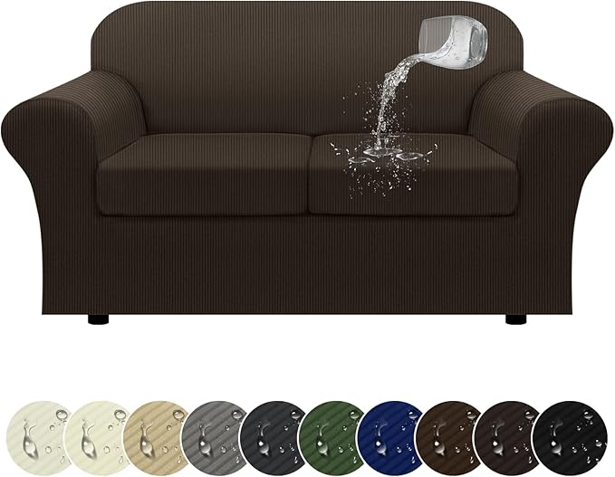 100% WaterproofLoveseat Cover 3-Piece Set Striped Loveseat Slipcovers for 2 Cushion Couch Sofa Covers with TPU Leakproof Bottom Stretch Couch Protector Pet Proof - Loveseat, Brown