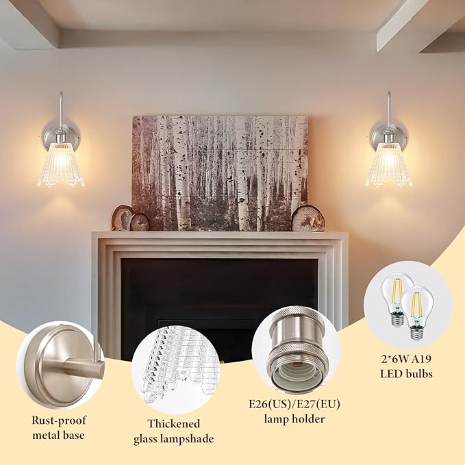 Wall Sconce Set of 2, Nickel Vintage Light Fixtures with Long Clear Glass Lampshade, Hardwired Sconces Wall Lighting for Bedroom, Bathroom, Living Room | Includes 2 LED Bulbs