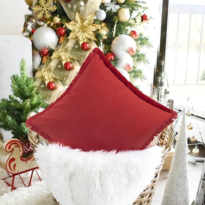 ZWJD Christmas Pillow Covers 12x20 Set of 2 Christmas Throw Pillow Covers with Fringe Chic Cotton Christmas Decorative Pillows Square Cushion Covers for Sofa Couch Bed Living Room Farmhouse Boho Decor