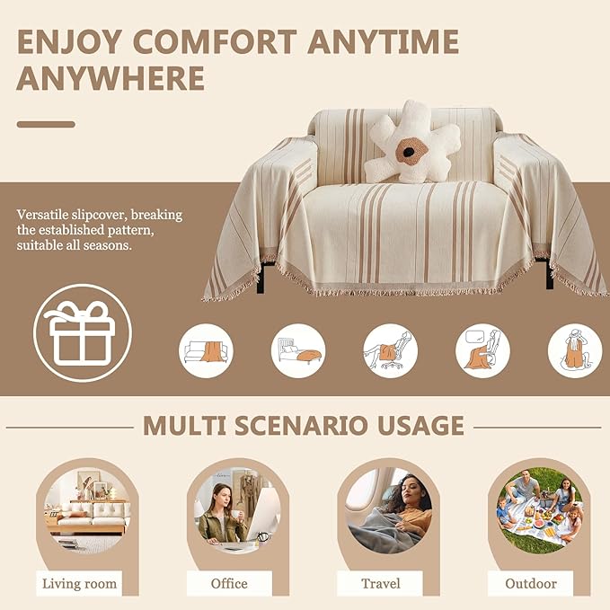 DREAMINGO Chenille Armchair Cover Jacquard Sofa Covers Washable Furniture Protector Recliner Couch Cover 1 Cushion Reversible Chair Cover Beige Coffee Striped Couch Cover Blanket 71"x 71"