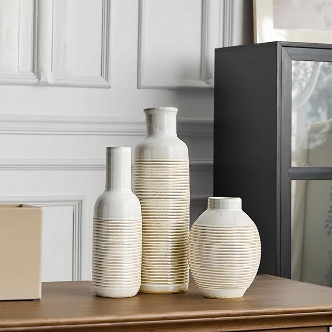 AWNR Small Vases Set of 3 for Flowers ，Rustic Farmhouse Decor，Unique White Ceramic Vase Home Decorations for Modern Home ，Living Room，Entryway Table,Farmhouse