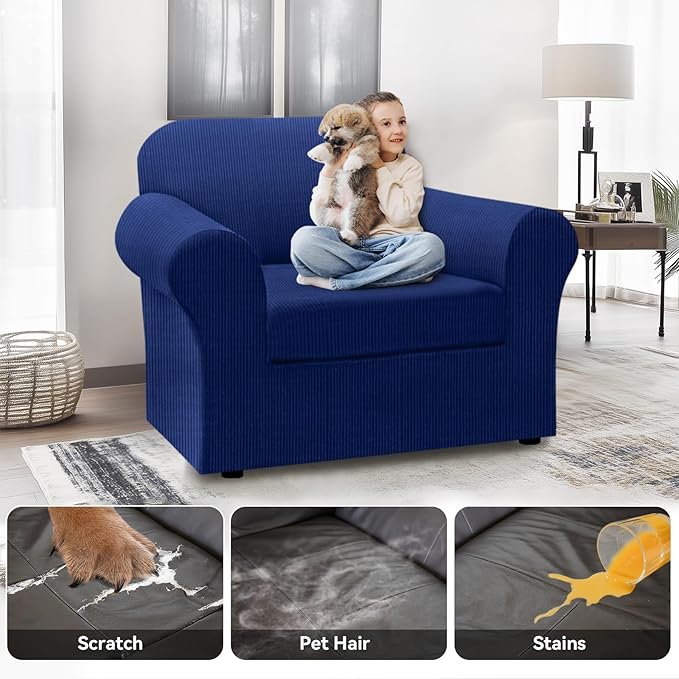 100% WaterproofChair Cover with Arms 2-Piece Set Striped Armchair Slipcovers with TPU Leakproof Bottom Stretch Couch Protector Pet Proof - Chair, Navy