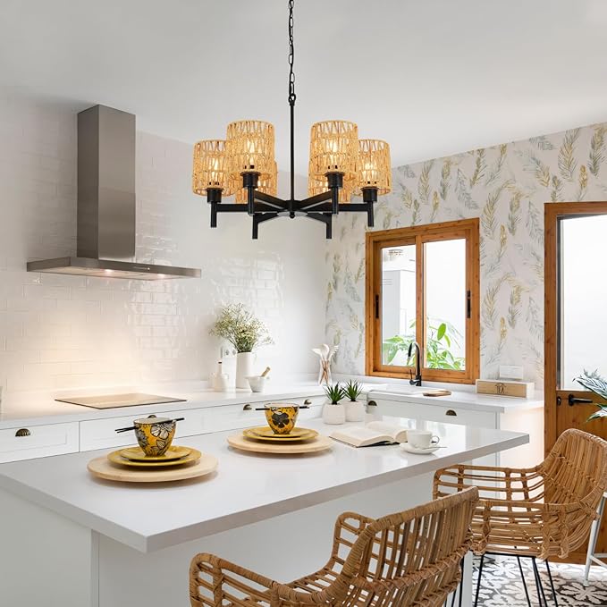 6-Light Boho Rattan Chandeliers for Dining Room Black Farmhouse Pendant Lights Kitchen Island Adjustable Height Rustic Chandelier for Living Room Bedroom Entryway Foyer E26 Base