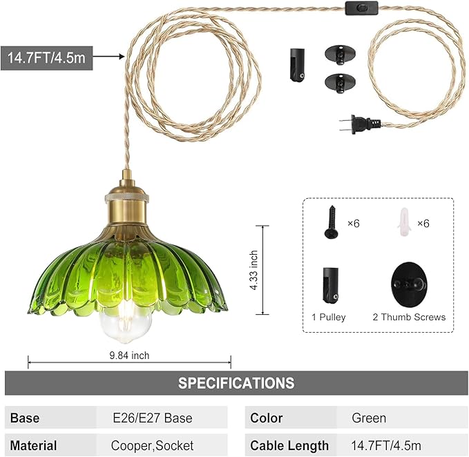Plug in Pendant Light Fixtures: Hanging Lamp Plug in Green Glass Pendant Lamp, Hanging Light for Kitchen Island, Bedroom, Dining Room, Living Room, E26 No Bulb