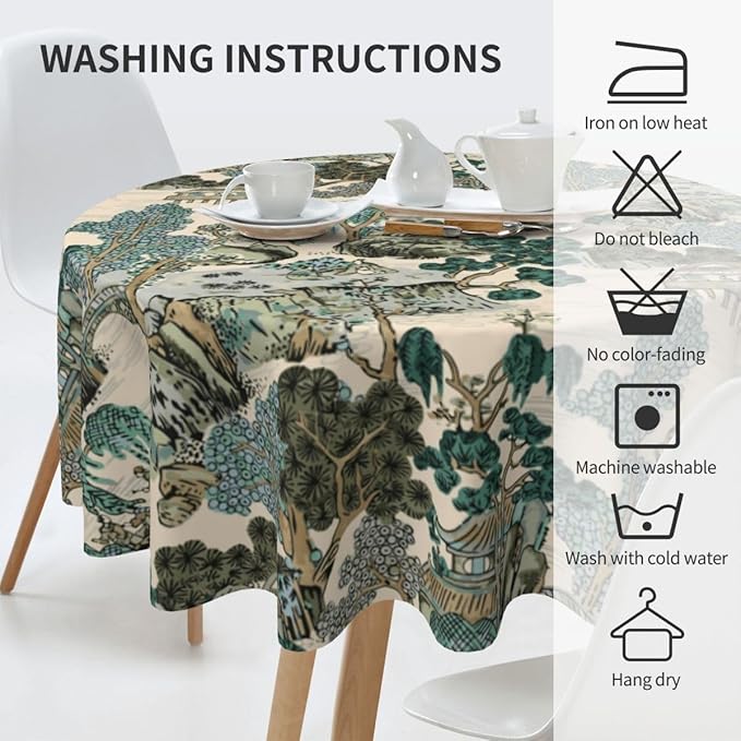 Japanese Tablecloth, Traditioanal Chinese Landscape Oriental Vintage Eastern Water Resisitant Wipeable Table Cover for Dining Kitchen Living Room Home Party Holiday Decor 60 inch Round