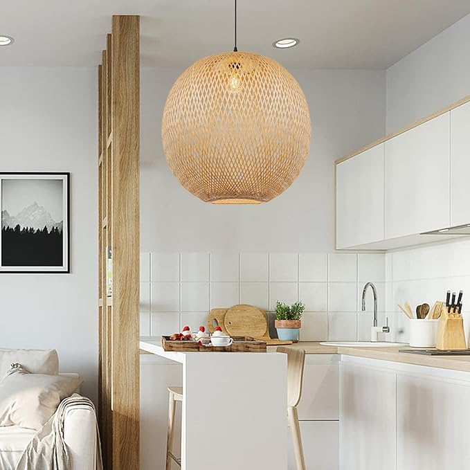 Arturesthome 1 Light Natural Bamboo Pendant Lamp, Round Hanging Ceiling Light Wicker Chandelier, Hand-Woven Boho Basket Lampshade for Kitchen Island Living Room