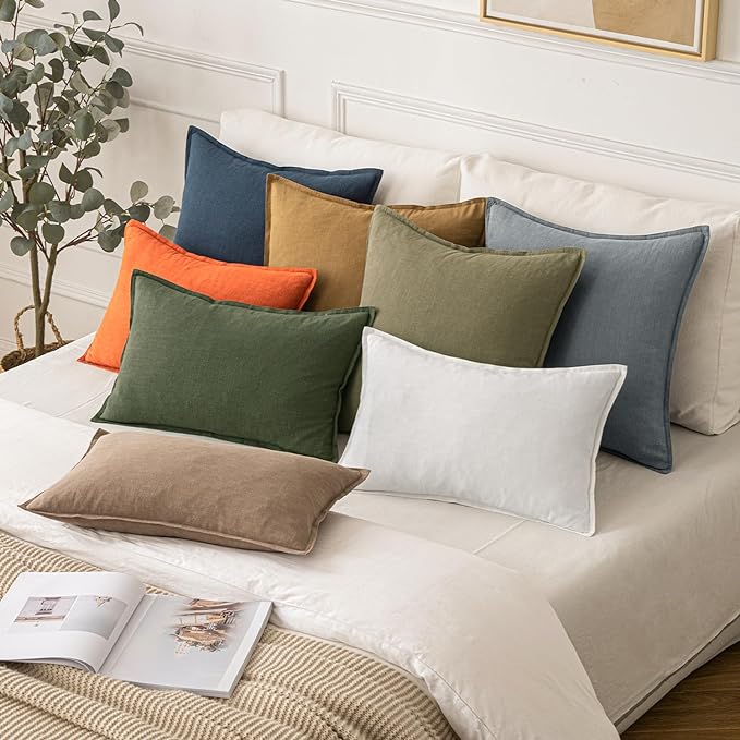 MIULEE Decorative Linen Lumbar Pillow Covers 12x20 Inch Dark Olive Green Boho Farmhouse Neutral Christmas Couch Throw Pillows for Bed Pack of 2 Accent Modern Pillowcase Sofa Livingroom Home Decor