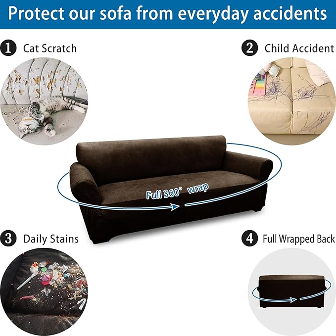 Couch Cover Leather Look 3 Seater Couch Sofa Cover 1-Piece Sofa Slipcover Stretch Furniture Protector with Elastic Bottom & Pockets(Sofa, Coffee)