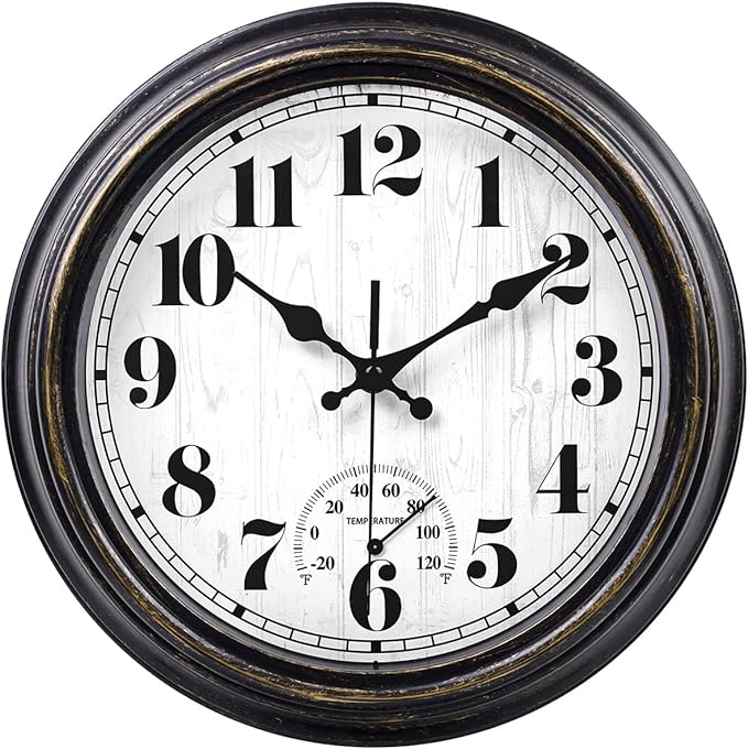 45MinST 12 Inch Indoor/Outdoor Retro Round Waterproof Wall Clock with Thermometer, Silent Non Ticking Battery Operated Quality Quartz Wall Clock Home/Patio Decor(Black Gold)