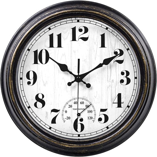 45MinST 12 Inch Indoor/Outdoor Retro Round Waterproof Wall Clock with Thermometer, Silent Non Ticking Battery Operated Quality Quartz Wall Clock Home/Patio Decor(Black Gold)