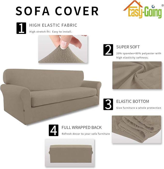 Easy-Going 2 Pieces Microfiber Stretch Sofa Slipcover – Spandex Soft Fitted Sofa Couch Cover, Washable Furniture Protector with Elastic Bottom Kids,Pet (Sofa, Natural)