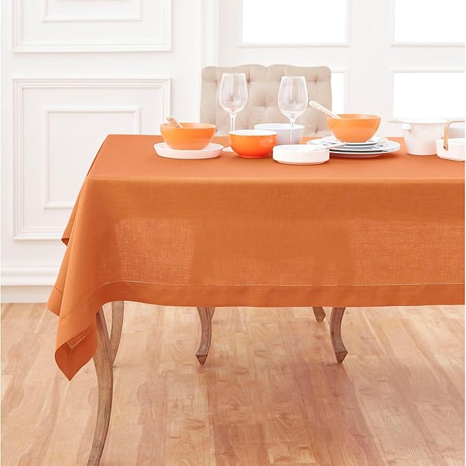 Solino Home Linen Tablecloth 60 x 132 Inch - Classic Hemstitch 100% Pure Linen Pumpkin Table Cloth for Rectangle Tables - Machine Washable Tablecloth for Fall, Autumn, Thanksgiving