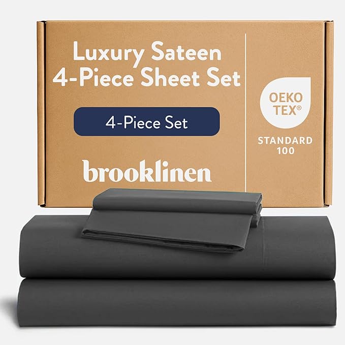 Brooklinen Luxury Sateen 4 Piece Sheet Set - 100% Cotton Bed Sheets, Soft & Durable Twin XL Sheets Set in Slate Grey, Oeko-TEX Certified Bedding Set, 1 Fitted Sheet, 1 Flat Sheet, 2 Pillowcases
