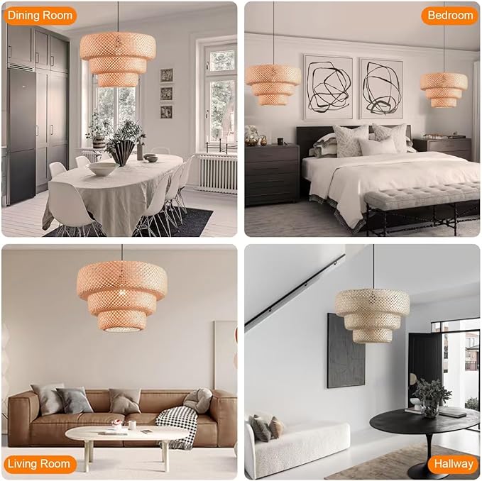 18.12 Inch Bamboo Pendant Light 3-Tier Hand Woven Rattan Pedant Light for Kitchen Dining Room Bedroom Living Room Kitchen Island Coastal Pendant Light