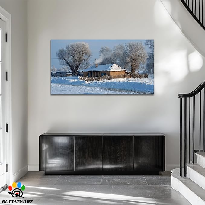 GUTTATY Christmas Winter Scene Canvas Wall Art, Cozy Snow-Covered House Canvas Prints, Peaceful Rural Snow Scene Wall Decor, Winter Pictures Posters for Living Room, Holiday Gift, 32x16 Inch