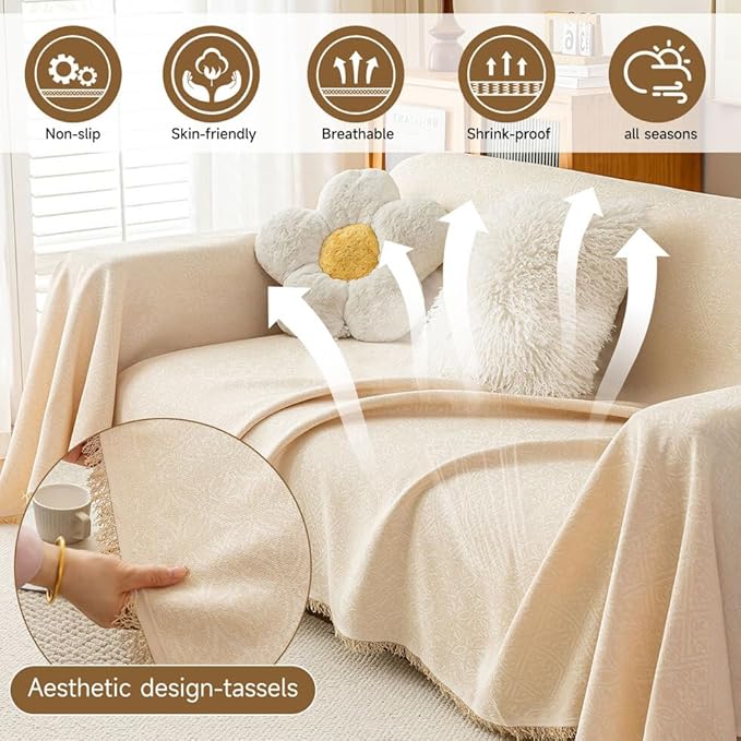 ROOMLIFE Boho Beige Couch Cover for Dogs, Washable Non Slip Furniture Protector Couch Sofa Covers for 3 Cushion Couch, Soft Breathable Sofa Slipcovers Couch Cover Throw Blanket with Tassels71''X118''