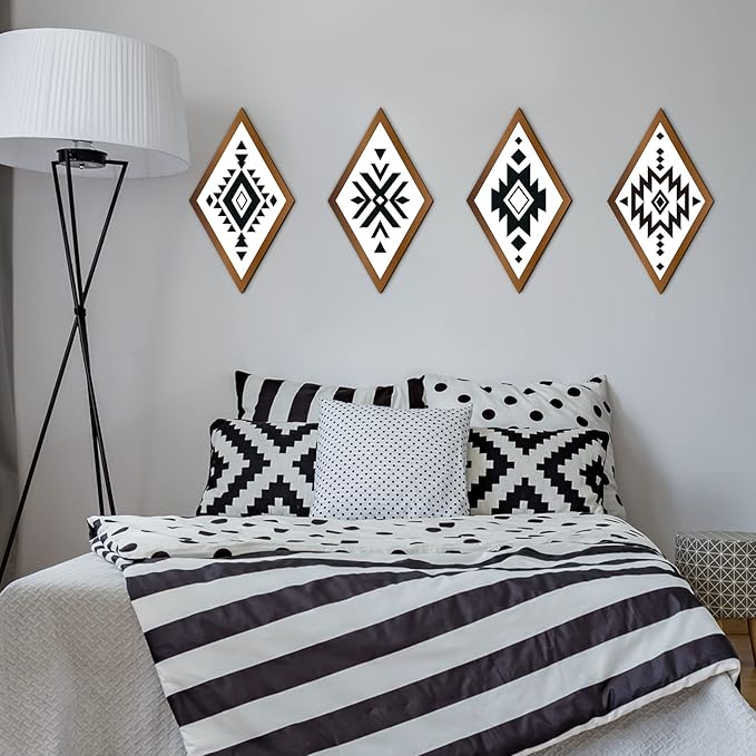 Nuenen 6 Pcs Aztec Wall Decor, Farmhouse Southwest Home Decor, Boho Wall Art Western Geometric Diamond Frame Hanging Aztec Print Abstract Shape Wood Modern Art Decoration for Bedroom Bathroom Office