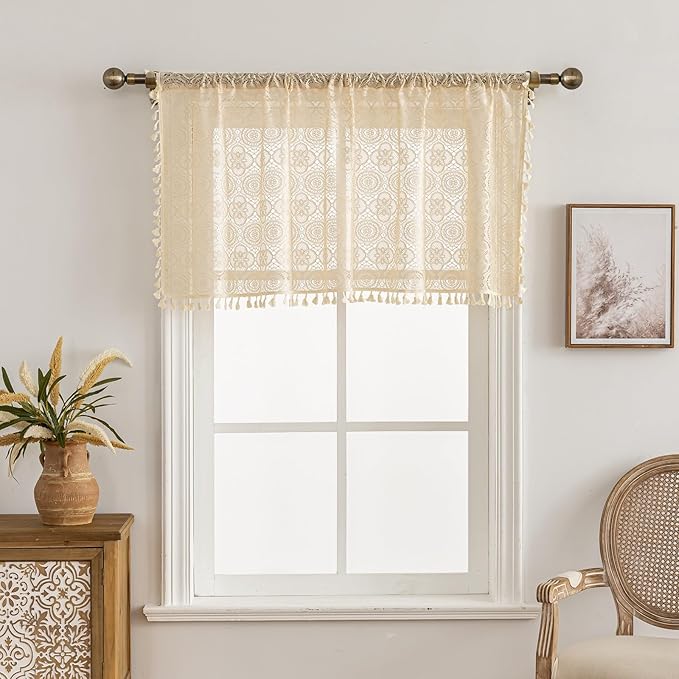 YJ YANJUN Boho Kitchen Valance Curtains Over Sink 1 Panel,W59 x L18 Inch, Vintage Lace Valance with Tassels Crochet Cafe Curtains 18 inch Length for Bathroom Basement Rod Pocket