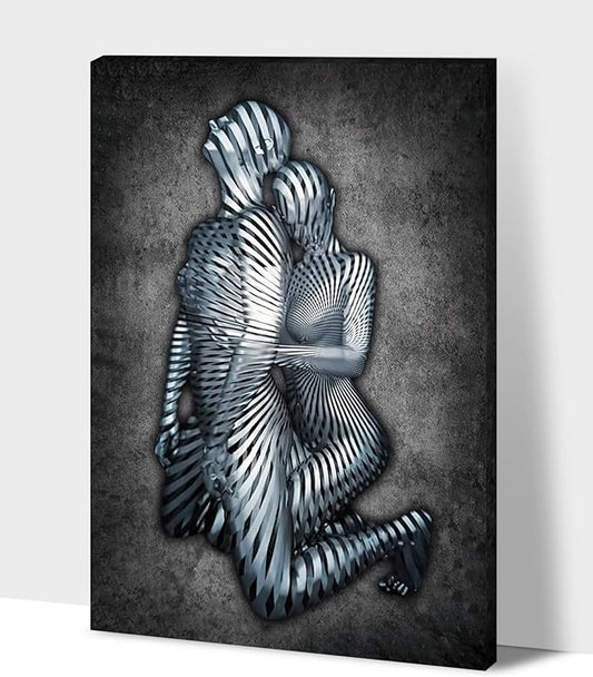 3D Metal Effect Wall Art - 3D Metal Art Wall, Modern Abstract Hug Lovers Painting Picture Poster Prints for Bathroom, Romantic Couple Living Room Canvas Wall Art Framed 24”x36”x1Pcs