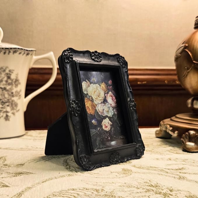 SYLVIA'S SHOP 2.5x3.5 Small Vintage Picture Frame, Mini Antique Black Ornate Photo Frame, for Tabletop and Wall Display, Decorative Floral Design Retro Home Decor, Photo Gallery Art
