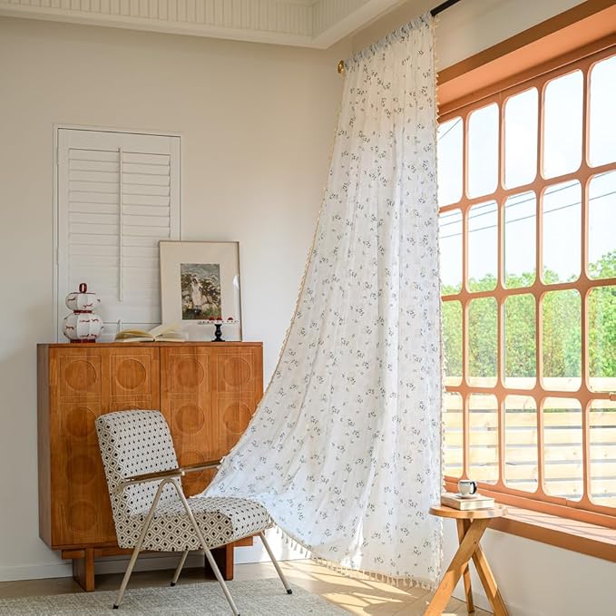 OYX Boho Curtains 84 Inch Length 2 Panels for Living Room, Bedroom Light Filtering Drapes, Farmhouse Vintage Country French Rustic Tassels Pattern Rod Pocket Aesthetic Decor Window Treatments