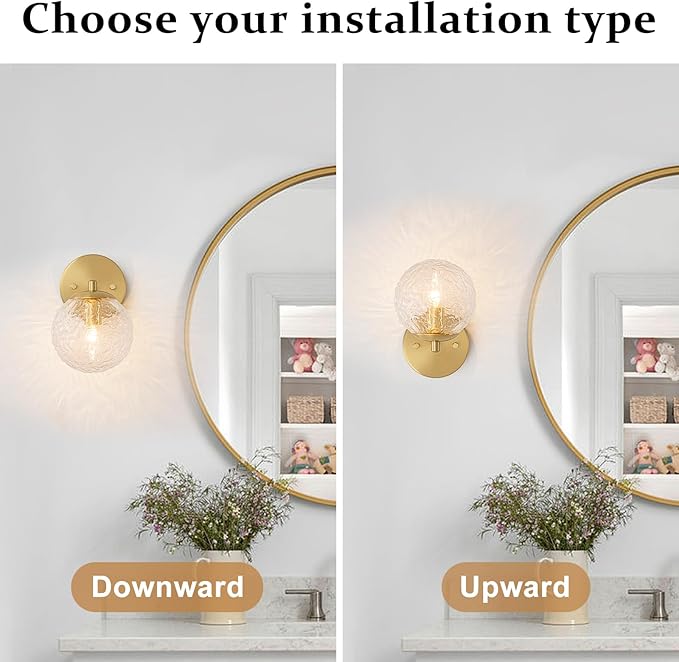 Gold Wall Sconce, Gold Vanity Sconce Lighting, Globe Ripple Glass Wall Light Fixture, Hardwired Wall Sconces for Bathroom Hallway Bedroom Bedside Living Room Stairs Kitchen Loft (E12)