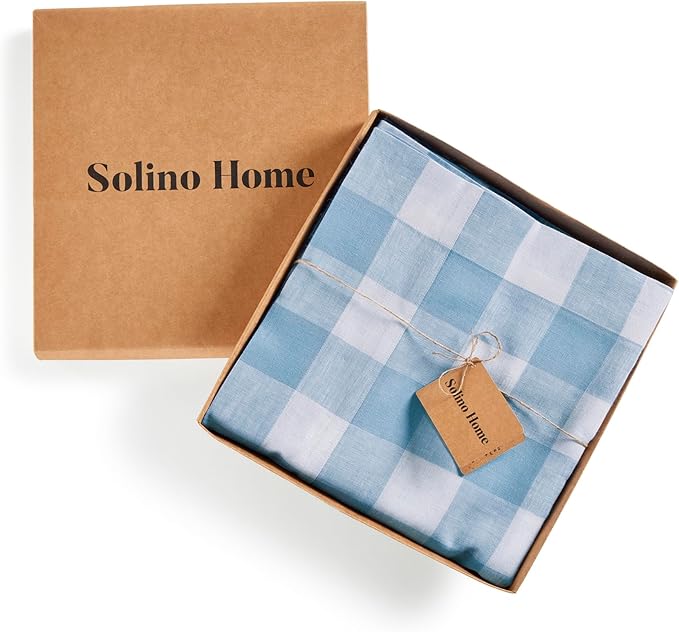Solino Home Linen Checkered Tablecloth 60 x 120 Inch - 100% Pure Linen Blue Bell Buffalo Plaid Table Cloth for Rectangle Tables - Machine Washable Tablecloth