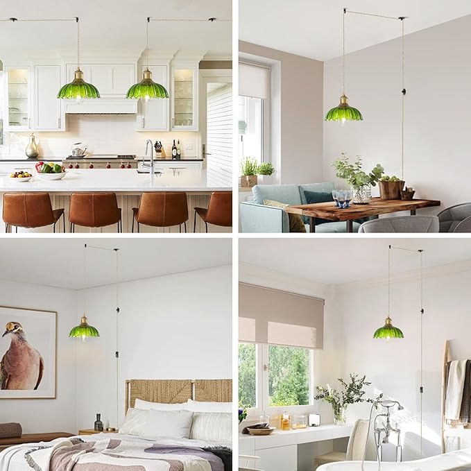 Plug in Pendant Light Fixtures: Hanging Lamp Plug in Green Glass Pendant Lamp, Hanging Light for Kitchen Island, Bedroom, Dining Room, Living Room, E26 No Bulb