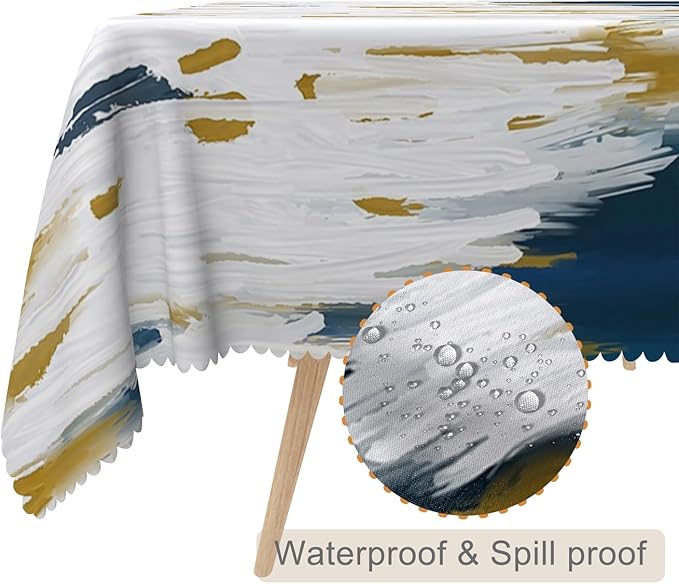 70x120inches Navy Blue White Tablecloth Abstract Brush Strokes Oil Painting Ombre Fabric Table Cloth Waterproof and Stain Resistant Rectangle Table Cover for Kitchen Dining Room Home Decor
