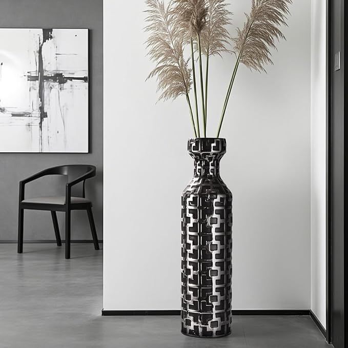 24.4 inch Tall Floor Vases Set of 2. Black Vase with Silver Geometric Patterns, Ceramics Modern Flower Vases for Living Room, Entryway, Indoor/Outdoor Decor, Large Vase for Home Decor