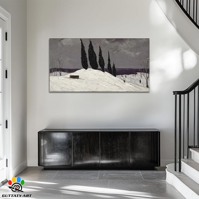 GUTTATY Christmas Winter Scene Canvas Wall Art, Snowy Landscape Canvas Pictures, Moody Cypress Trees Wall Paintings, Subtle Gray Poster Prints for Living Room Decor, Home Office Artwork, 60x30 Inch