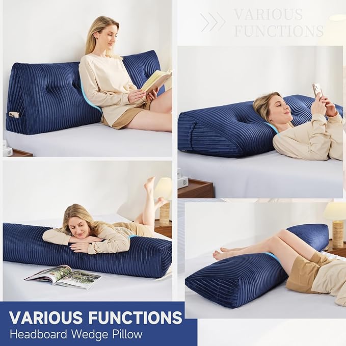 Z-hom Full Headboard Pillow, Triangular Wedge Reading Pillow for Bed or Sofa, Ergonomic Backrest Cushion for Sitting Up, Reading or Relaxing, with Side Pocket，Removable Washable Cover,Blue