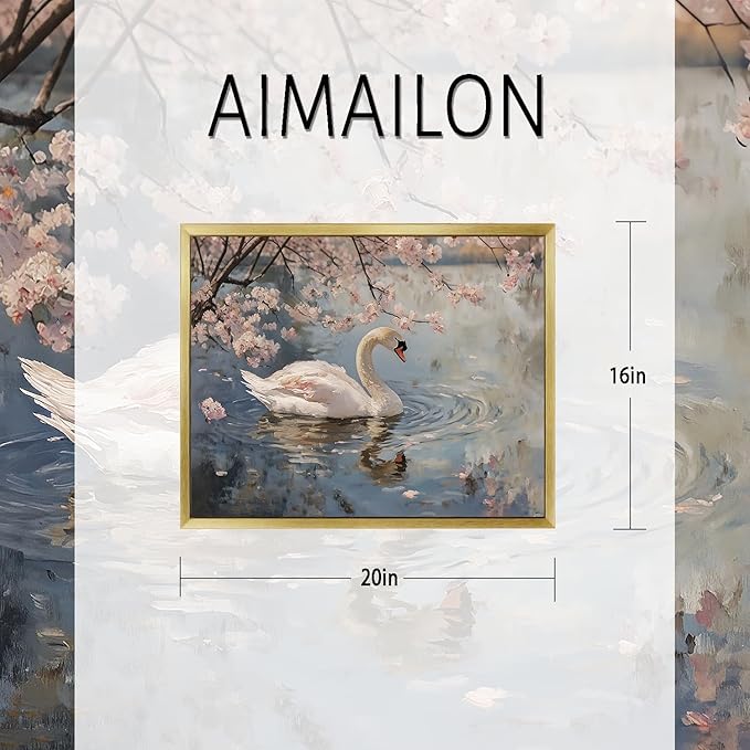 AIMAILON Vintage Gold Canvas Wall Art Framed Decor for Living Room Gallery White Swan Animal Print Pictures Classical Pink Flower Lake Background Aesthetic Artwork Home Decoration 16x20