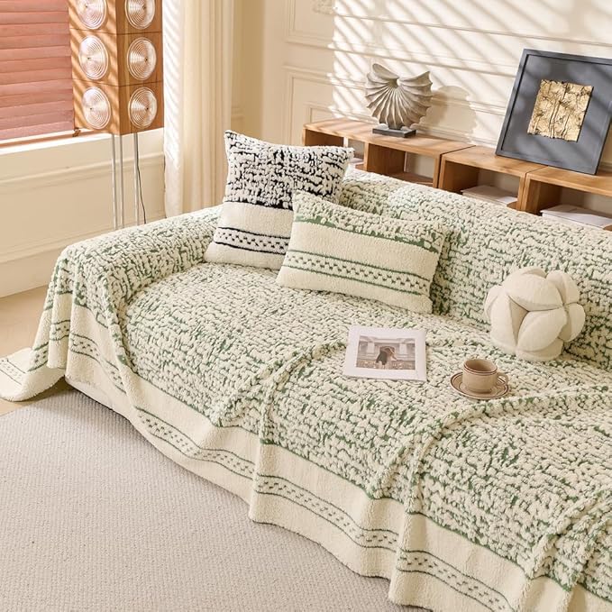 ROOMLIFE Thicked Striped Boho Green Couch Cover for 2-3 Cushion Sofa, Fuzzy Plush Warm Sofa Slipcovers Sectional Sofas Covers, Non Slip Washable Furniture Protector Soft with Tassel,Winter 71''X150”